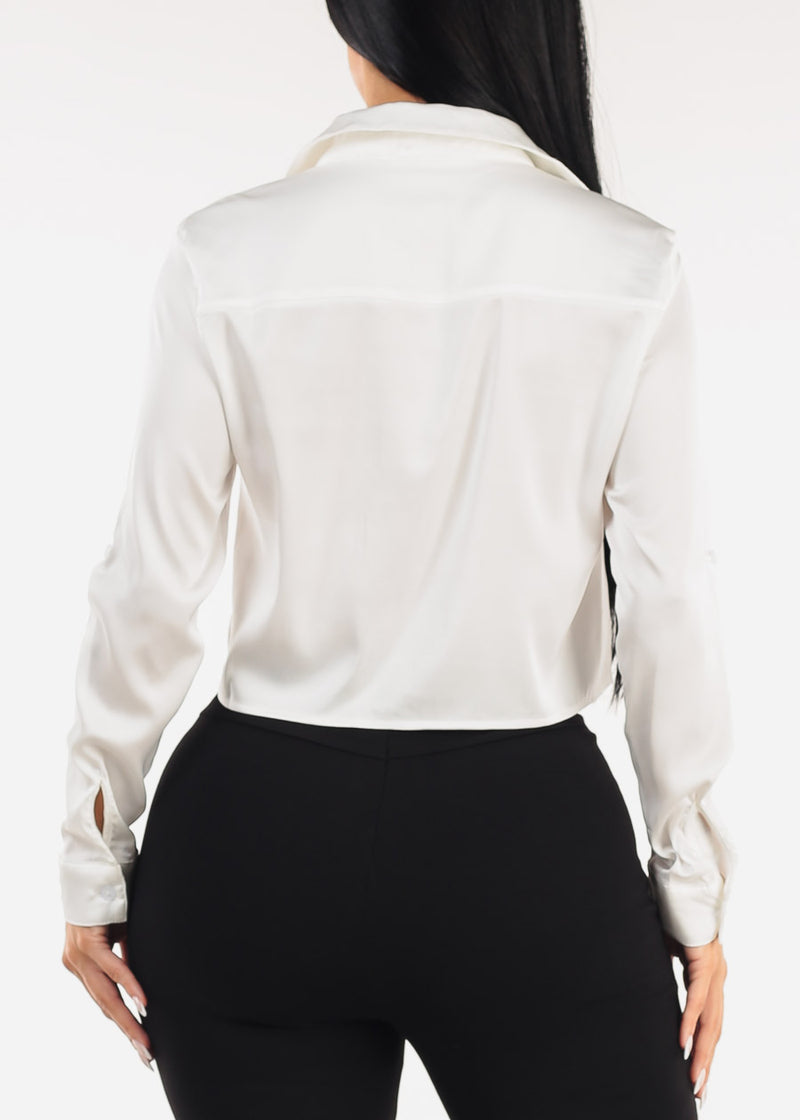 Stretch Long Sleeve Cropped Collared Blouse Ivory