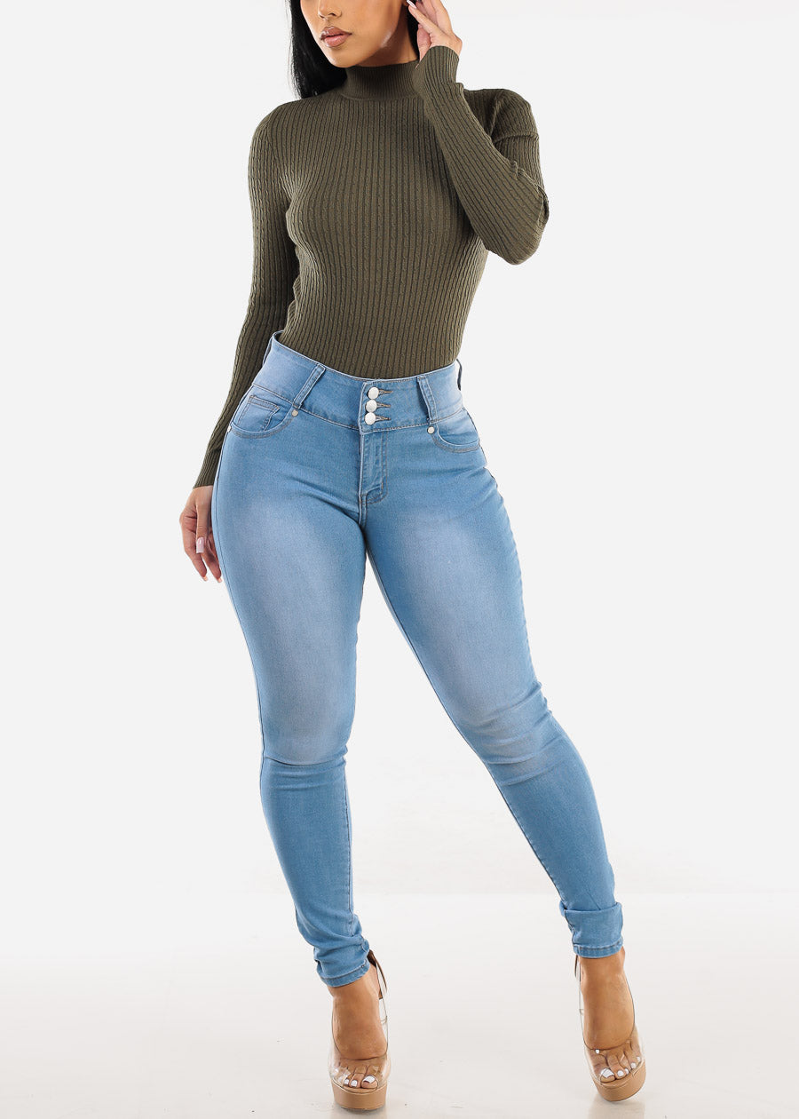 Long Sleeve Mock Neck Ribbed Sweater Olive