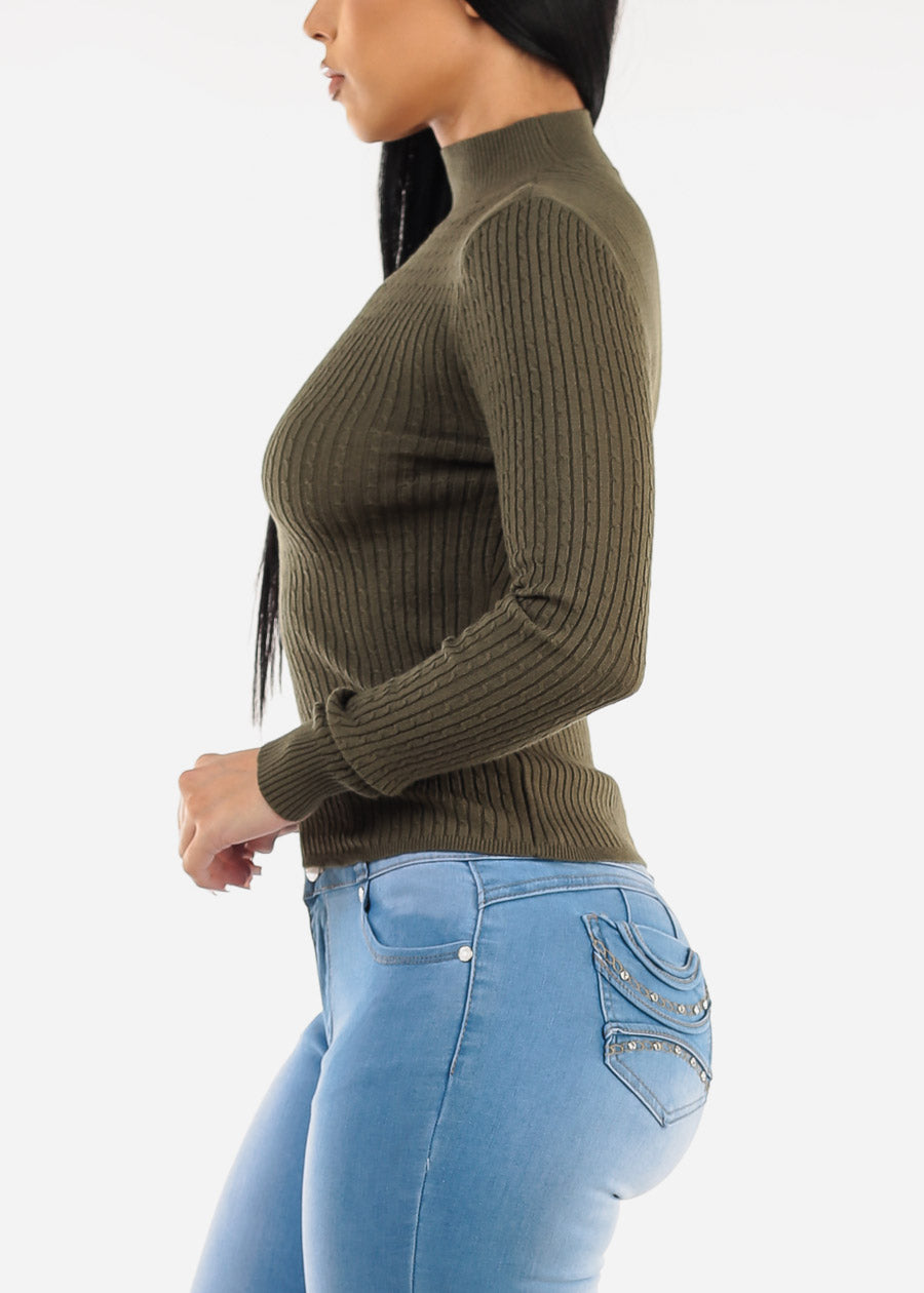 Long Sleeve Mock Neck Ribbed Sweater Olive