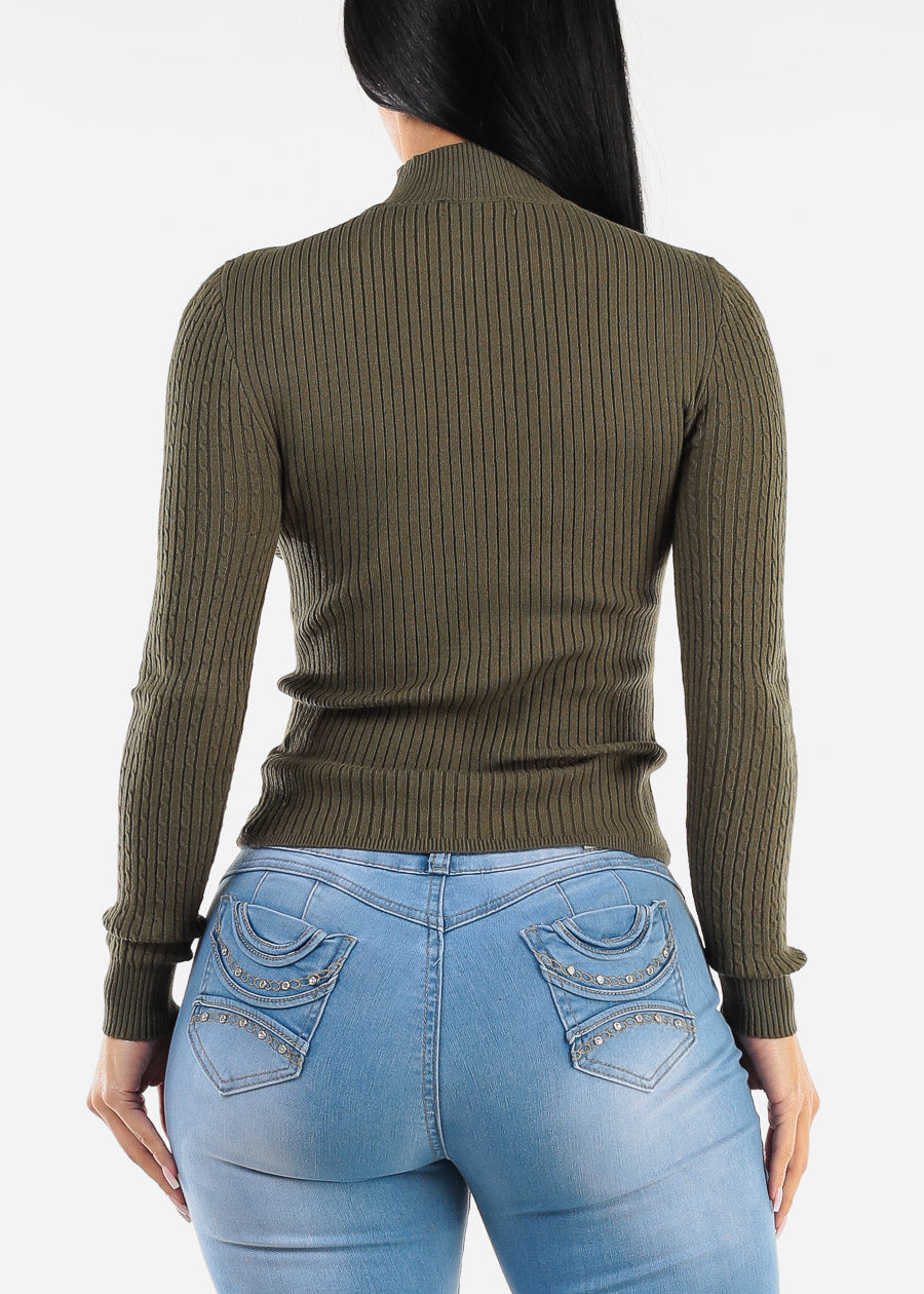 Long Sleeve Mock Neck Ribbed Sweater Olive