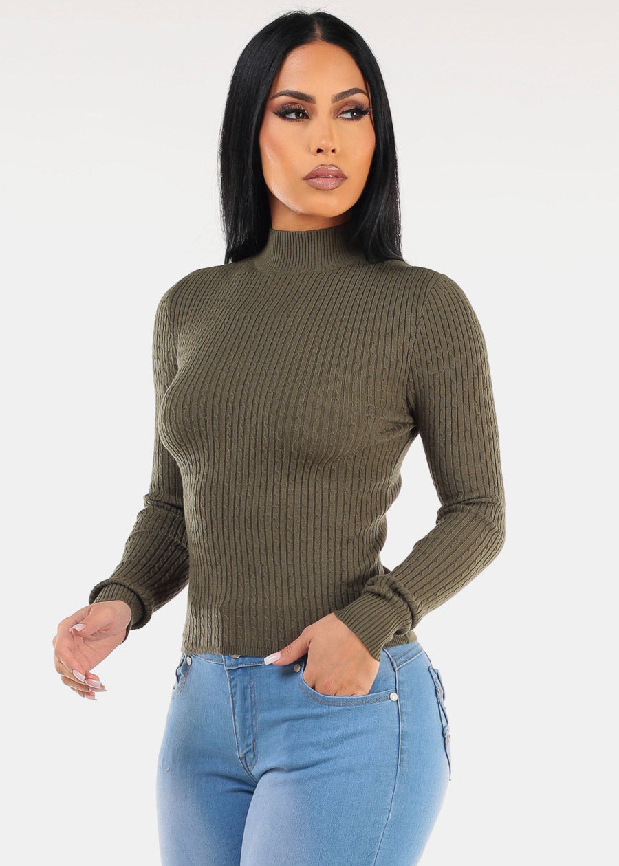 Long Sleeve Mock Neck Ribbed Sweater Olive