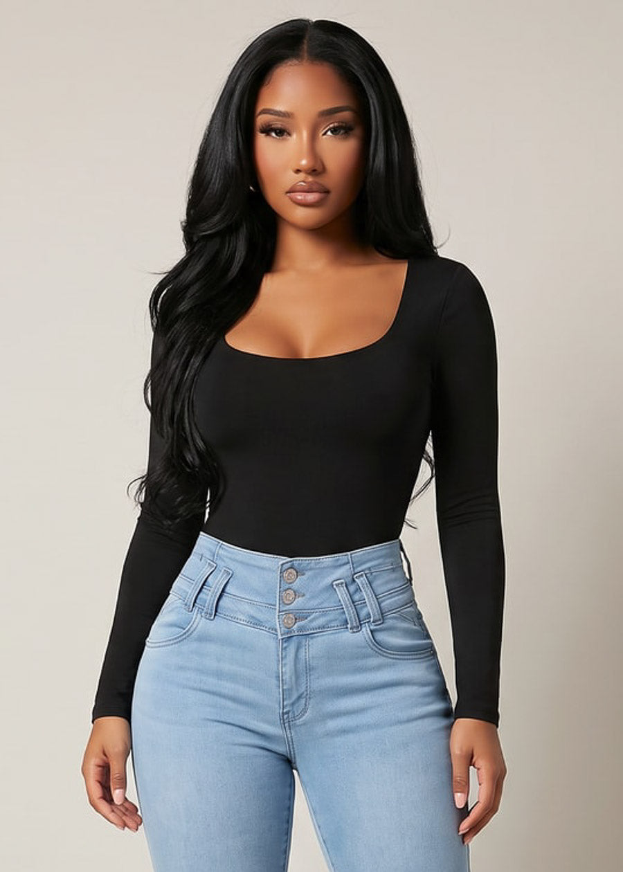 Long Sleeve Scoop Neck Stretch Top Black, view 2 of 3
