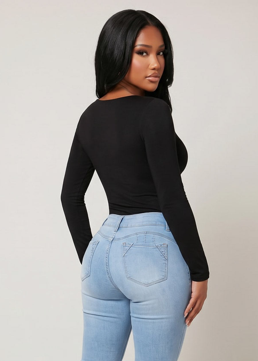 Long Sleeve Scoop Neck Stretch Top Black, view 3 of 3
