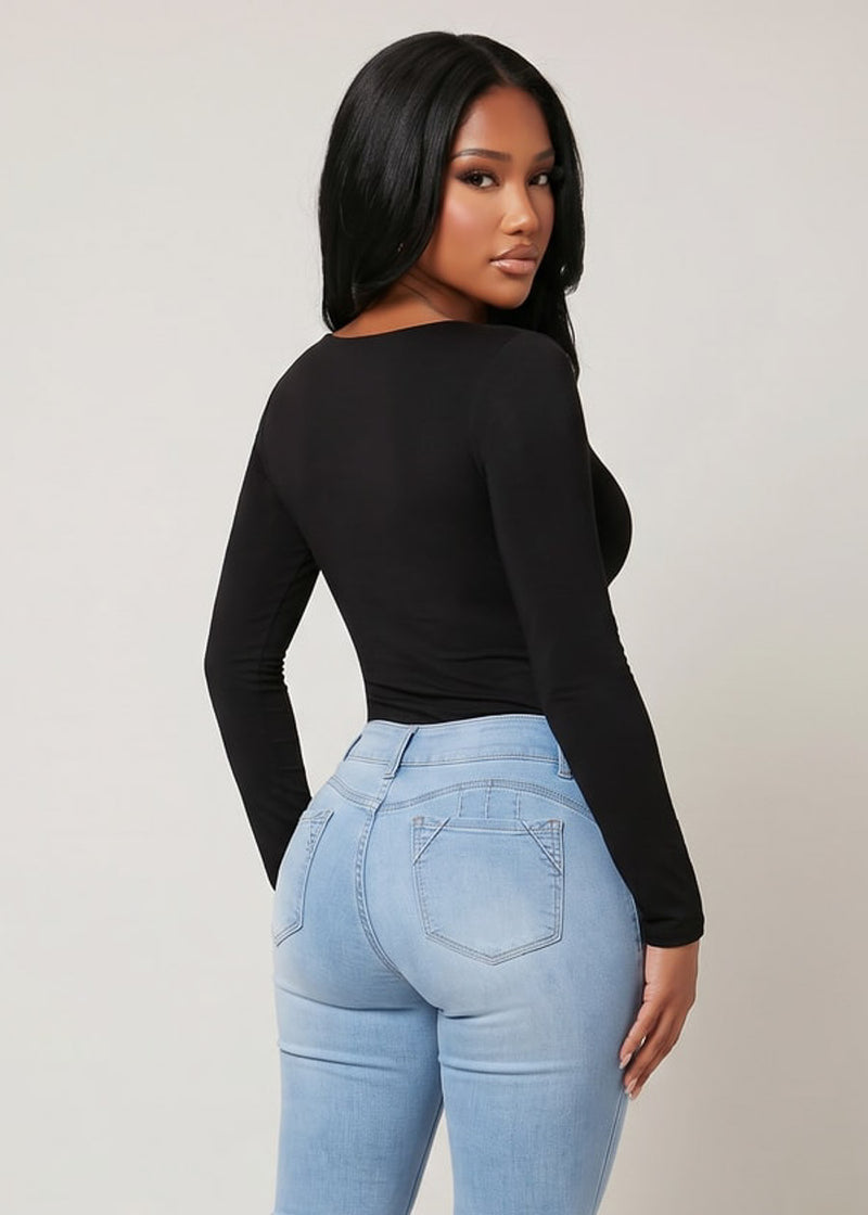 Long Sleeve Scoop Neck Stretch Top Black