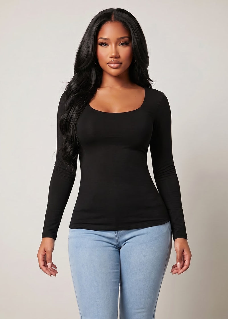 Long Sleeve Scoop Neck Stretch Top Black