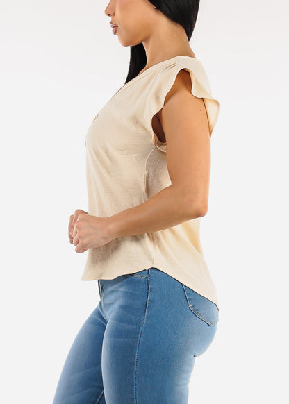 Short Sleeve Vneck Blouse Beige