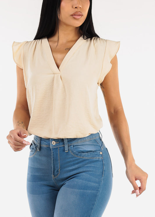 Short Sleeve Vneck Blouse Beige