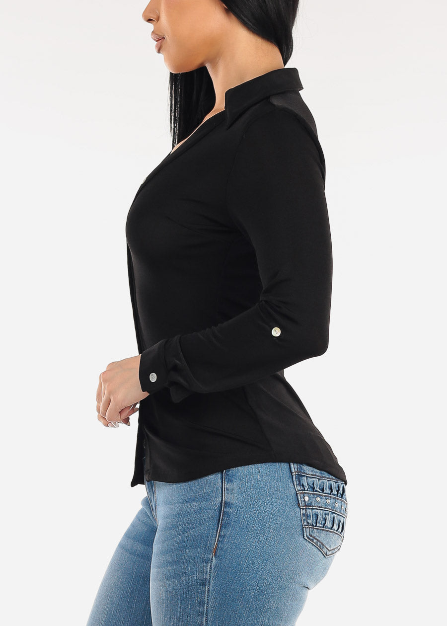 Stretch Long Sleeve Button Down Collared Blouse Black