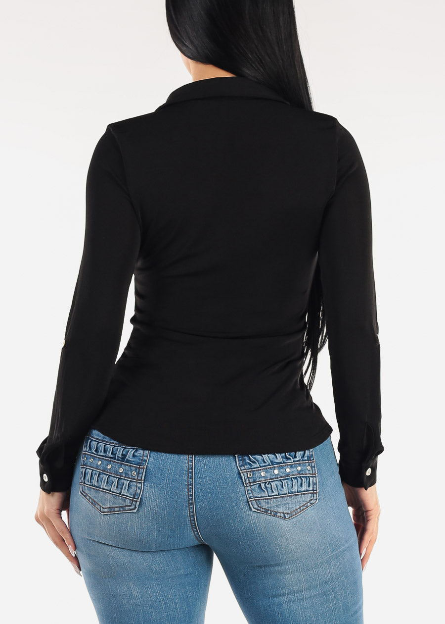 Stretch Long Sleeve Button Down Collared Blouse Black