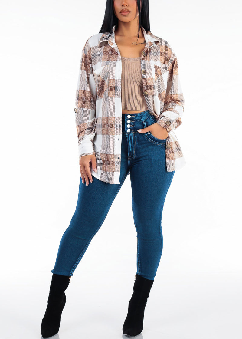 Long Sleeve Scoop Neck Ribbed Cropped Sweater Khaki