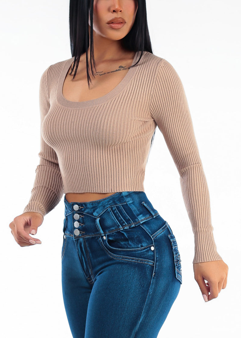 Long Sleeve Scoop Neck Ribbed Cropped Sweater Khaki