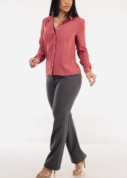 Long Sleeve Button Down Collared Blouse Mauve