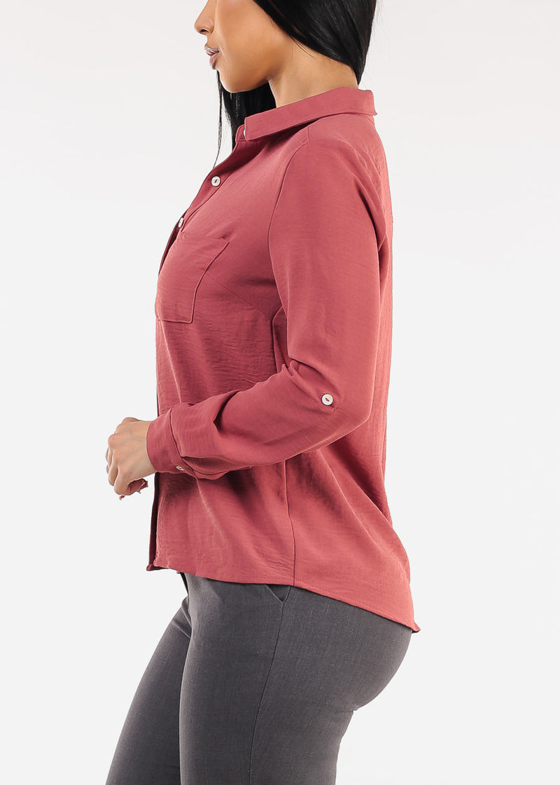 Long Sleeve Button Down Collared Blouse Mauve