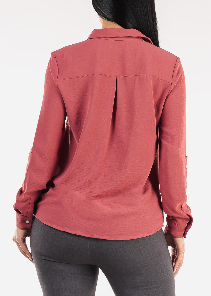 Long Sleeve Button Down Collared Blouse Mauve