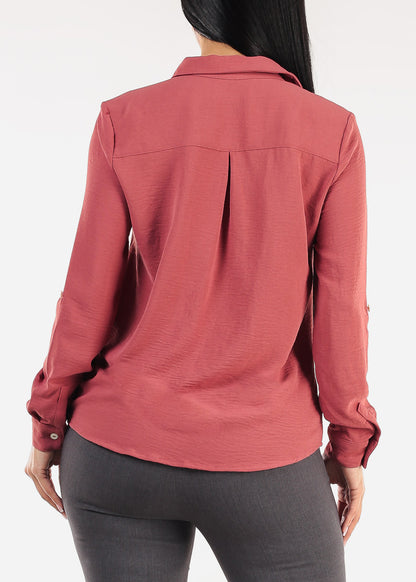 Long Sleeve Button Down Collared Blouse Mauve