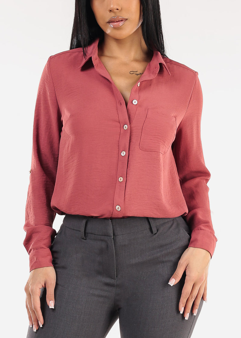 Long Sleeve Button Down Collared Blouse Mauve