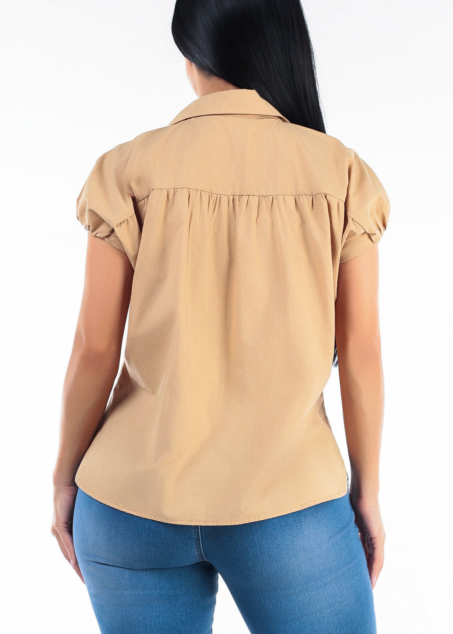 Puff Short Sleeve Button Up Cotton Collared Blouse Khaki