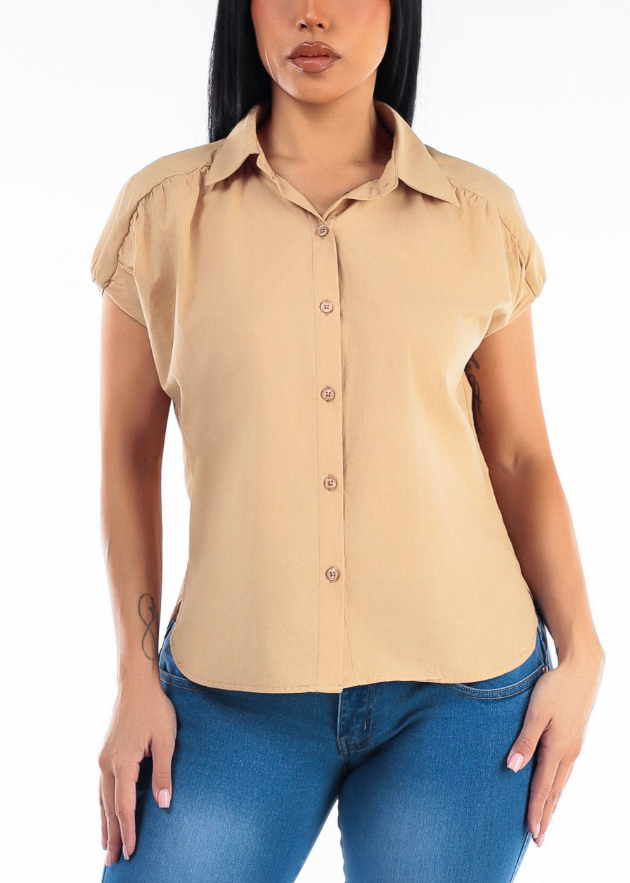 Puff Short Sleeve Button Up Cotton Collared Blouse Khaki