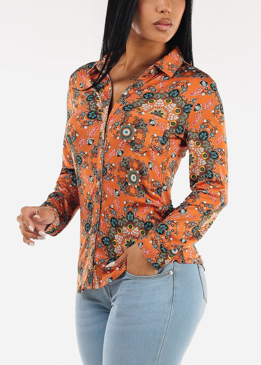 Stretchy Long Sleeve Floral Button Up Collared Blouse Rust