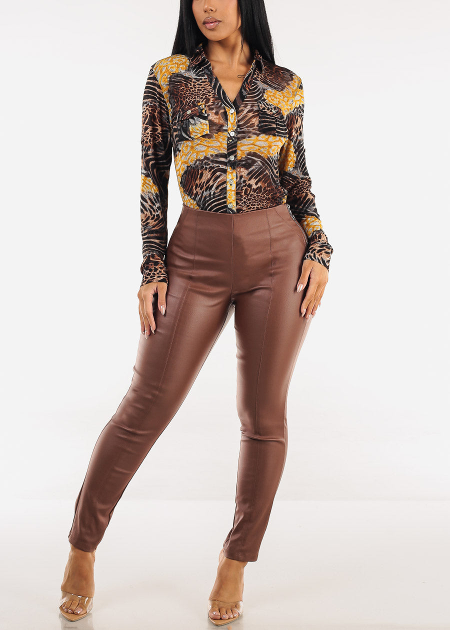 Long Sleeve Button Up Animal Print Mesh Blouse