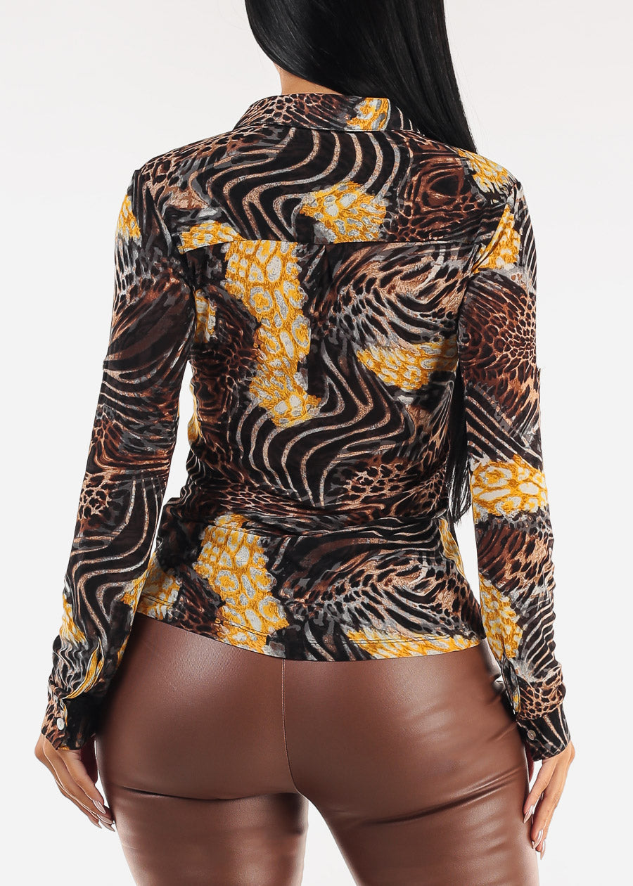 Long Sleeve Button Up Animal Print Mesh Blouse