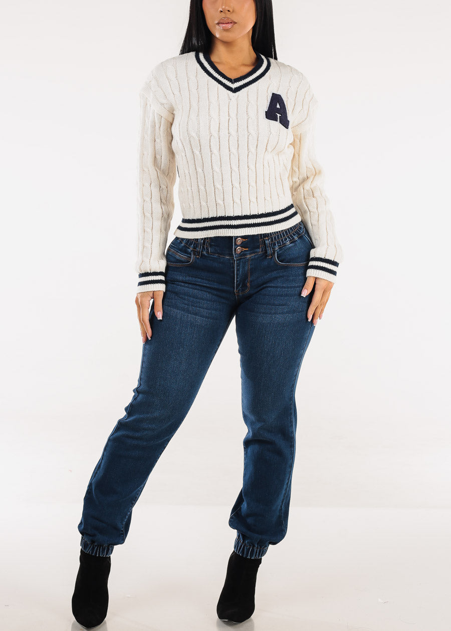 Long Sleeve Vneck Varsity Cable Knit Sweater Cream