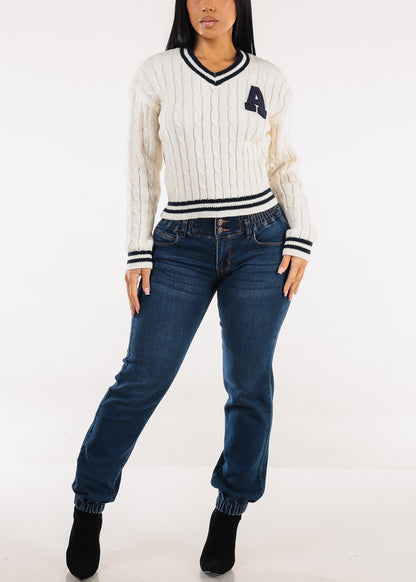 Long Sleeve Vneck Varsity Cable Knit Sweater Cream
