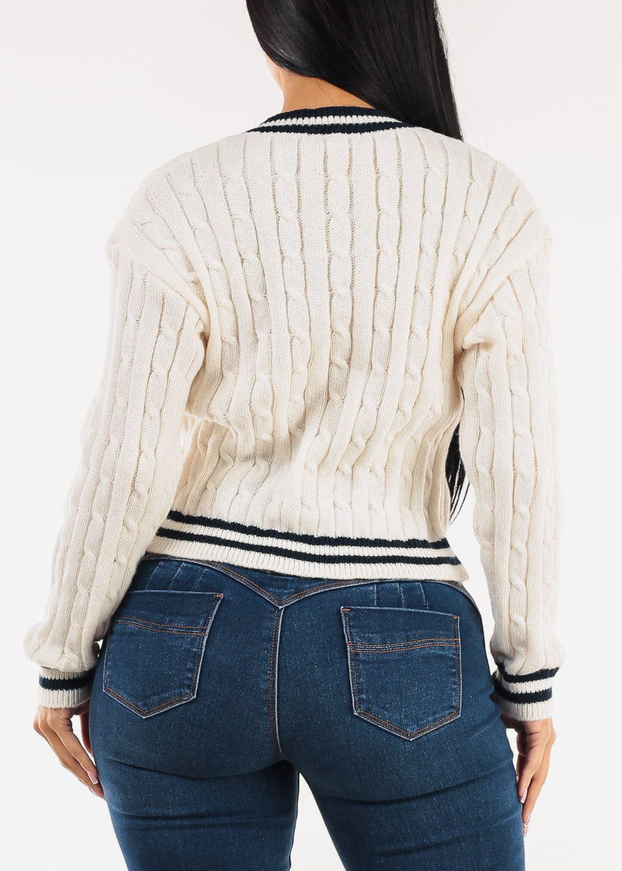 Long Sleeve Vneck Varsity Cable Knit Sweater Cream
