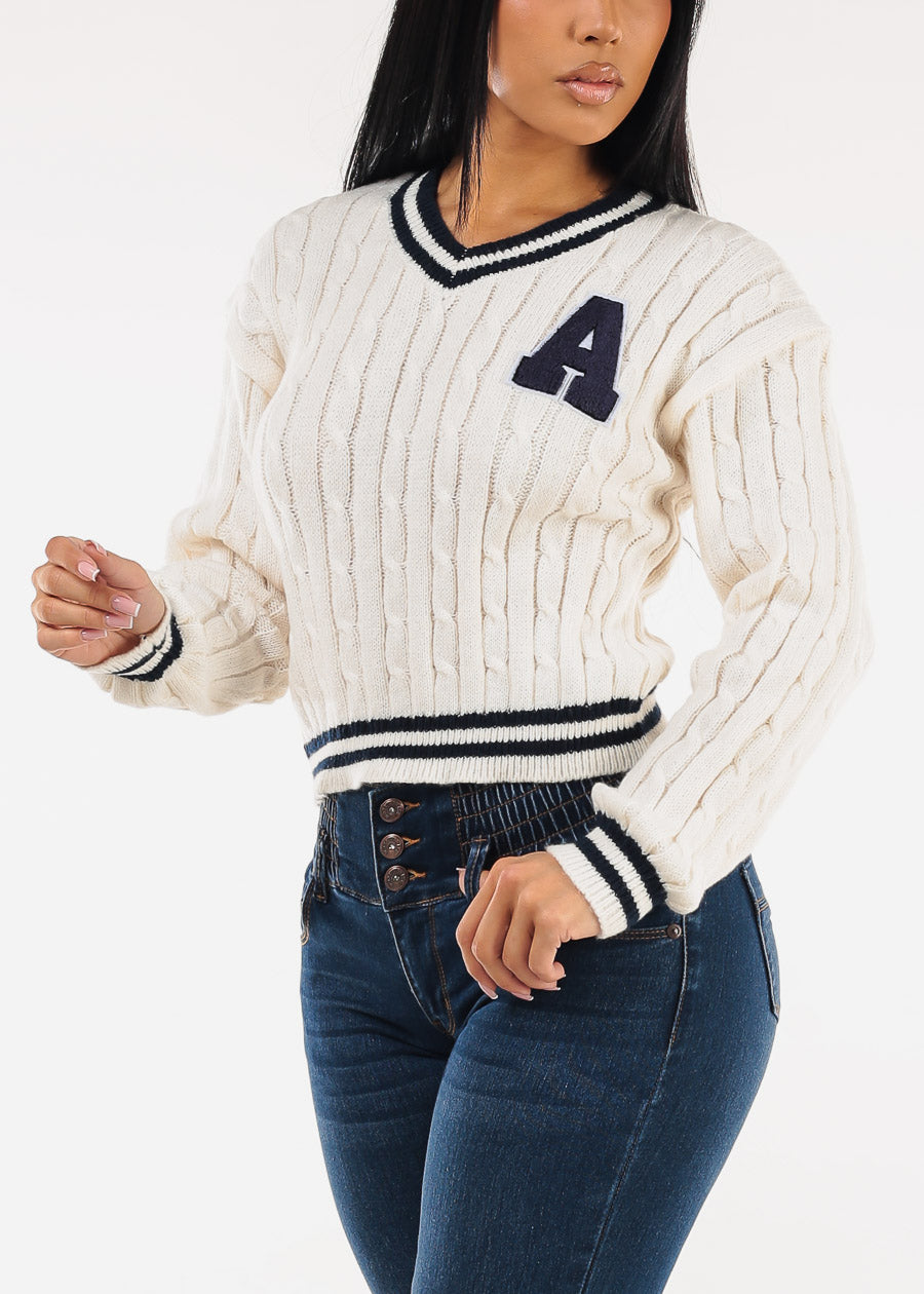 Long Sleeve Vneck Varsity Cable Knit Sweater Cream