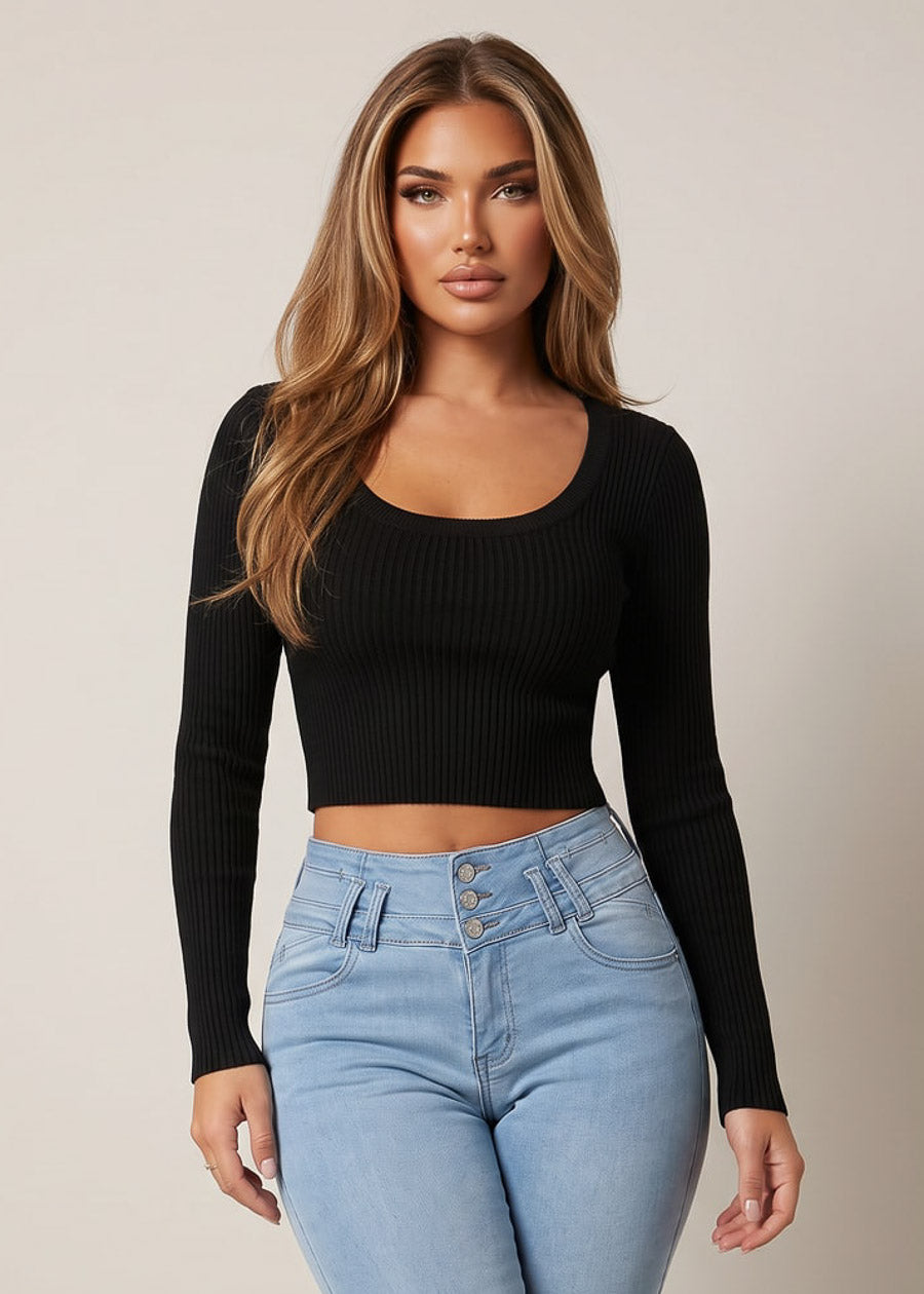 Long Sleeve Scoop Neck Ribbed Cropped Sweater Black, view 1 of 2