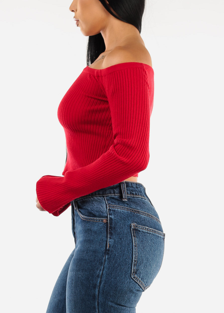 Off Shoulder Long Sleeve Red Cropped Sweater