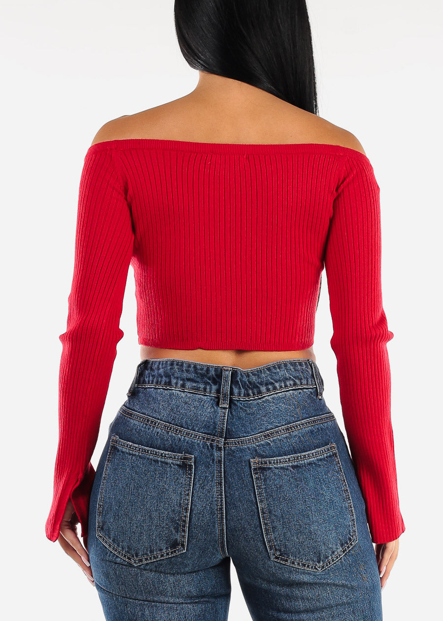 Off Shoulder Long Sleeve Red Cropped Sweater