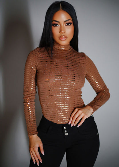 Long Sleeve Mock Neck Metallic Bodysuit Mocha