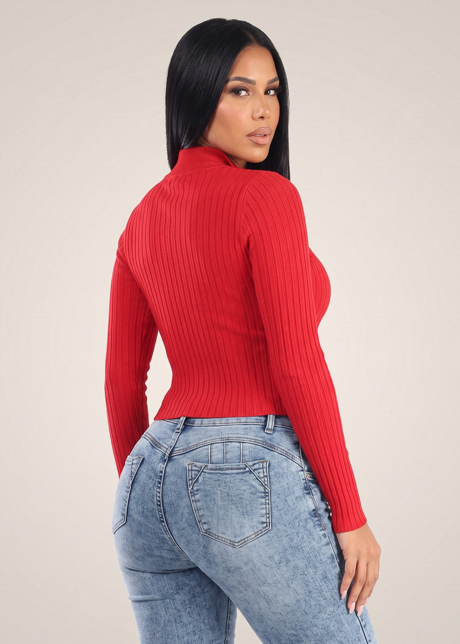 Long Sleeve Half Zip Up Ribbed Sweater Top Red, view 2 of 2
