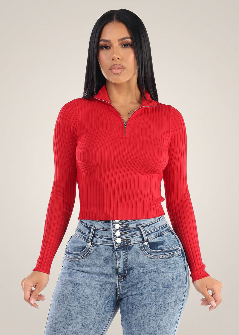 Long Sleeve Half Zip Up Ribbed Sweater Top Red