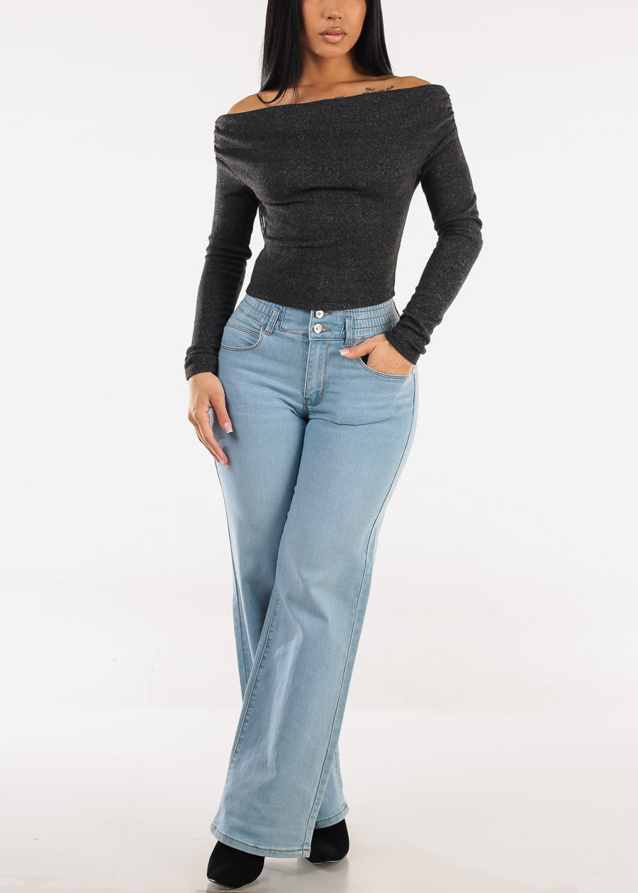 Off Shoulder Butter Soft Stretch Top Heather Black