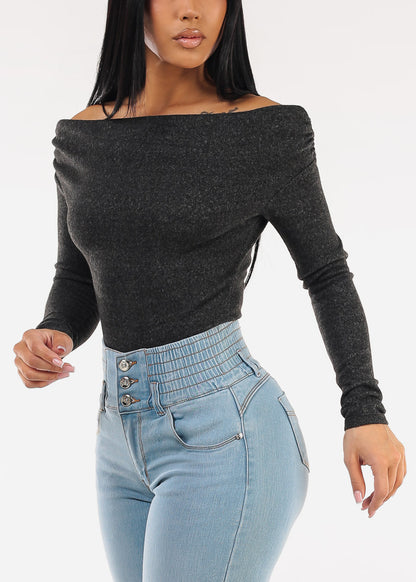 Off Shoulder Butter Soft Stretch Top Heather Black