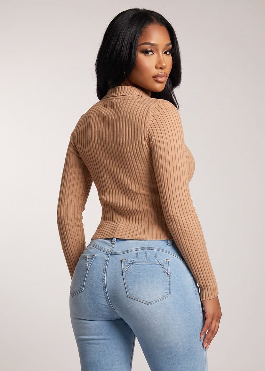 Long Sleeve Half Zip Up Ribbed Sweater Top Khaki, view 2 of 2