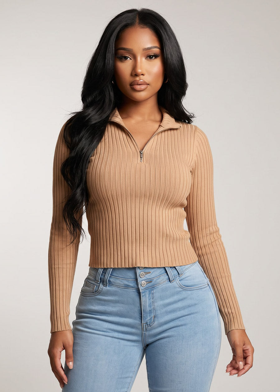 Long Sleeve Half Zip Up Ribbed Sweater Top Khaki, view 1 of 2