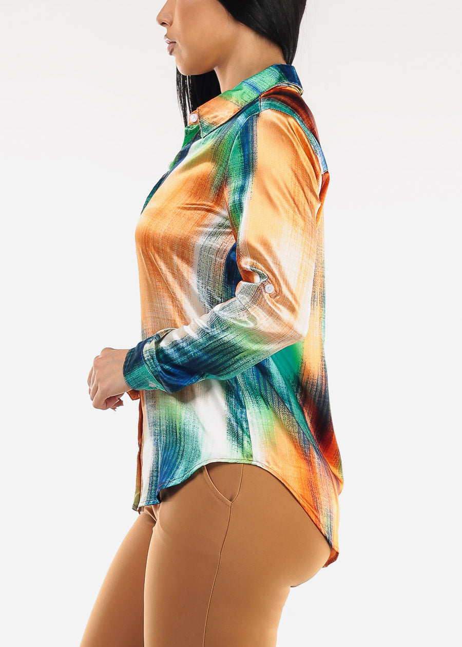 Satin Long Sleeve Button Up Abstract Print Blouse Navy & Orange
