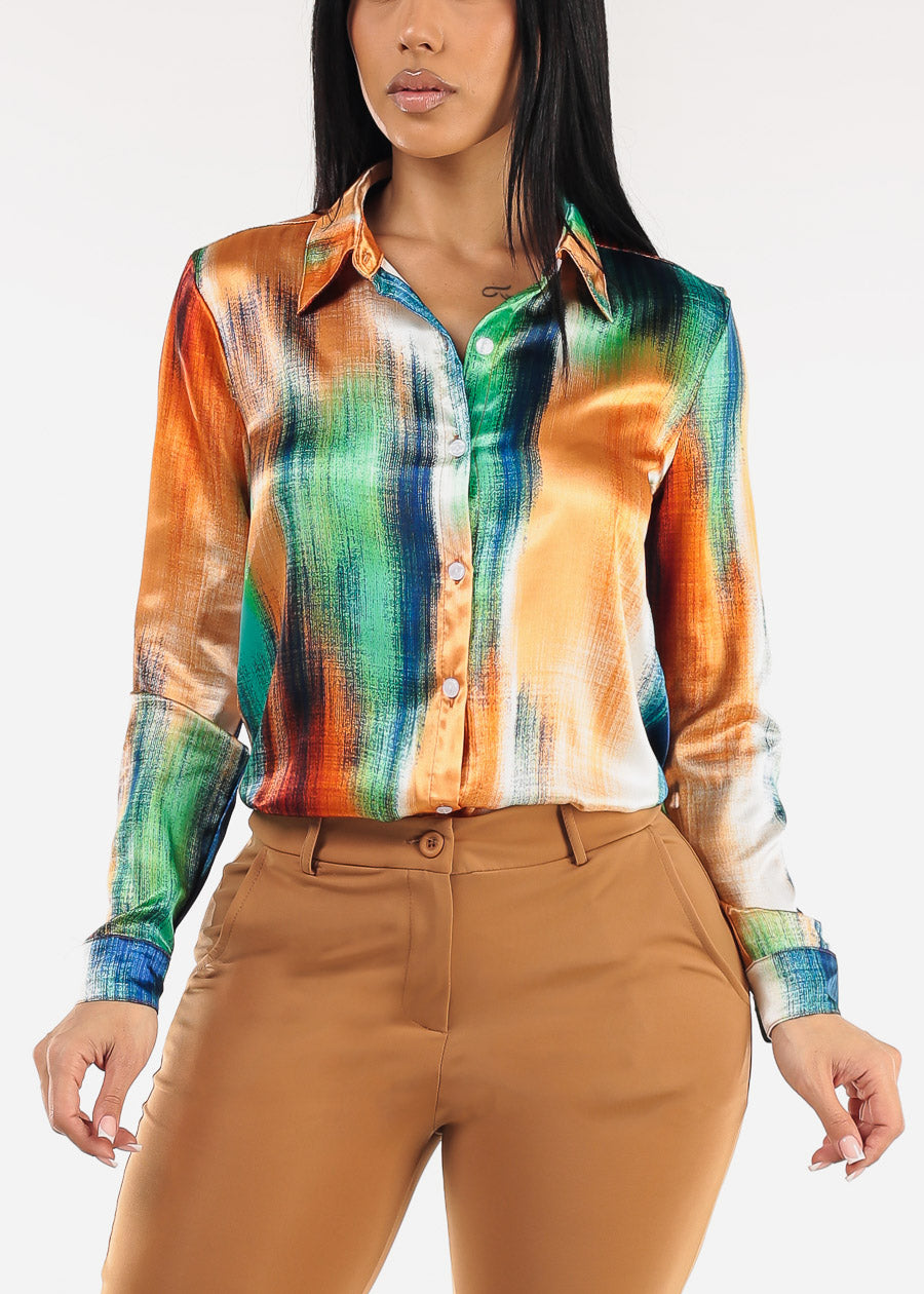Satin Long Sleeve Button Up Abstract Print Blouse Navy & Orange