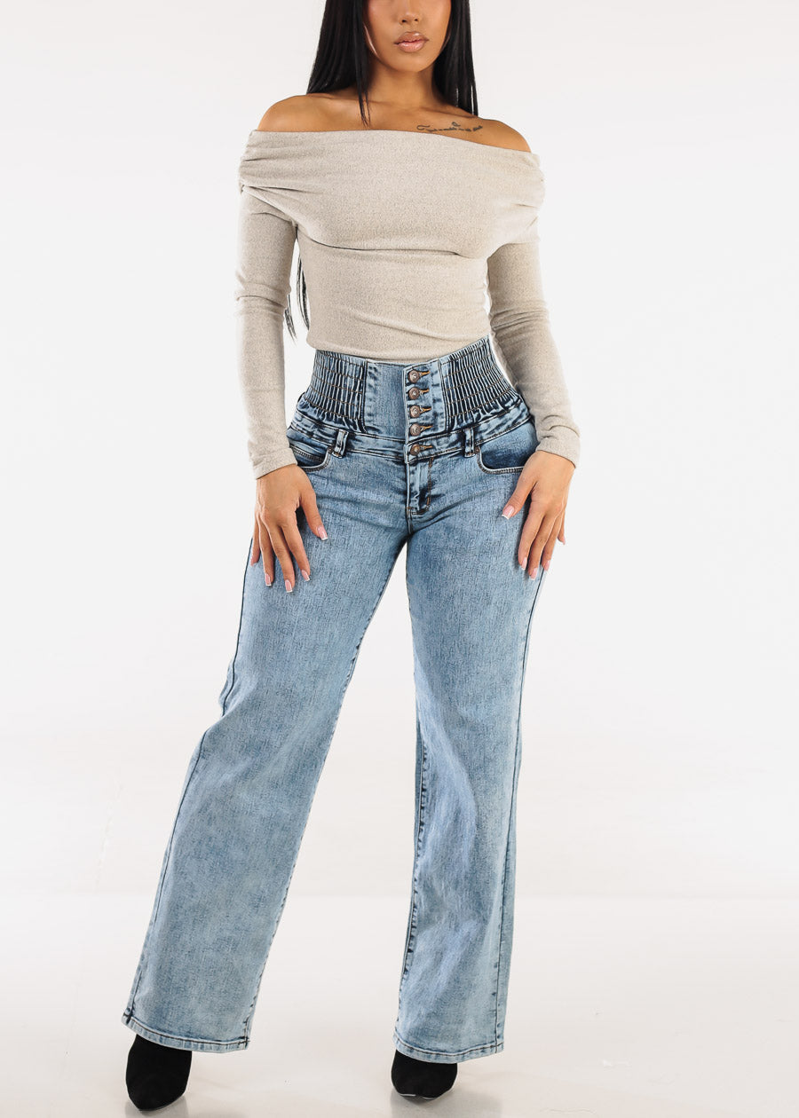 Off Shoulder Butter Soft Stretch Top Heather Taupe