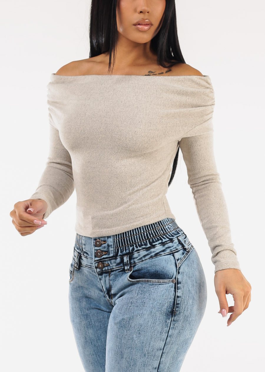 Off Shoulder Butter Soft Stretch Top Heather Taupe