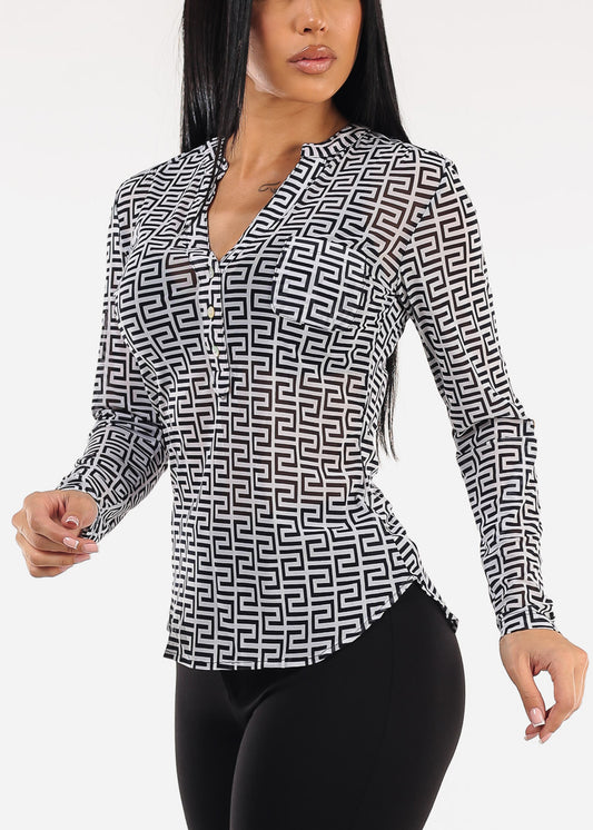 Stretchy Long Sleeve Half Button Up Mesh Blouse Navy