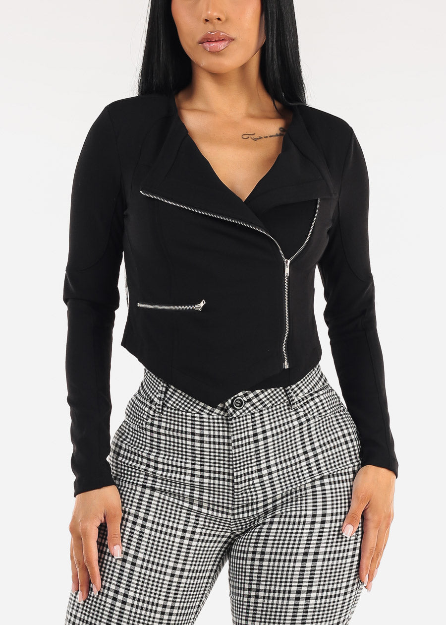 Stretch Long Sleeve Zip Up Colorblock Crop Jacket Black