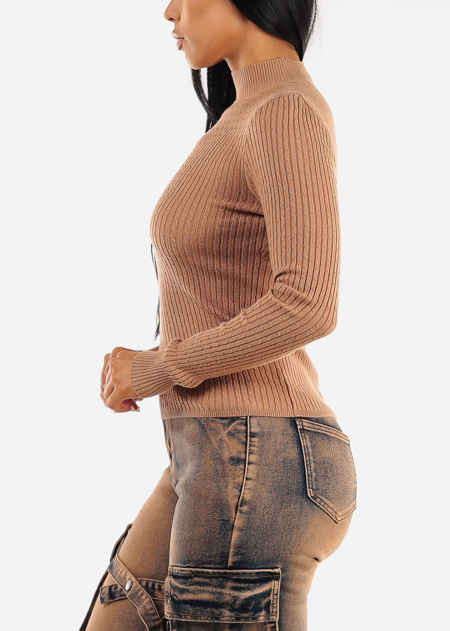 Long Sleeve Mock Neck Ribbed Sweater Khaki