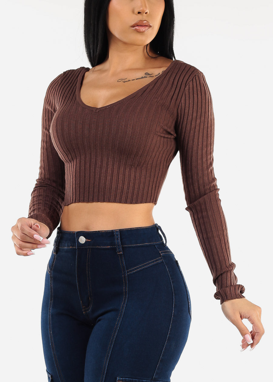 Long Sleeve Vneck Cropped Sweater Brown