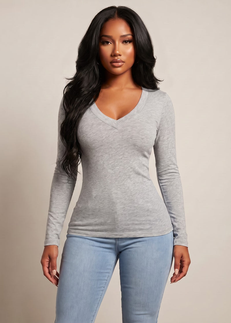 Long Sleeve Vneck Stretch Top Heather Grey