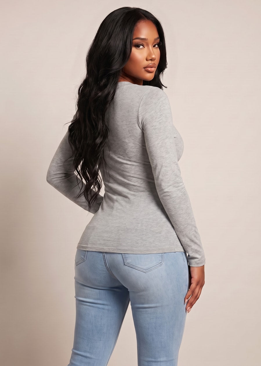 Long Sleeve Vneck Stretch Top Heather Grey, view 4 of 4