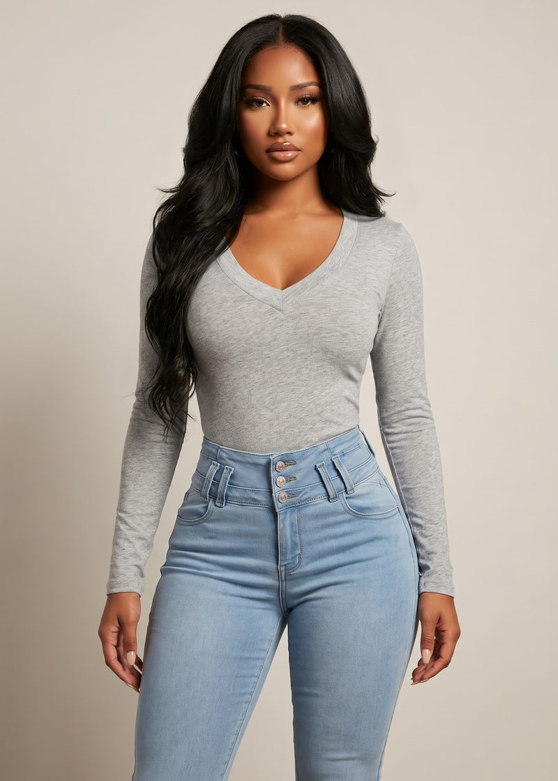Long Sleeve Vneck Stretch Top Heather Grey